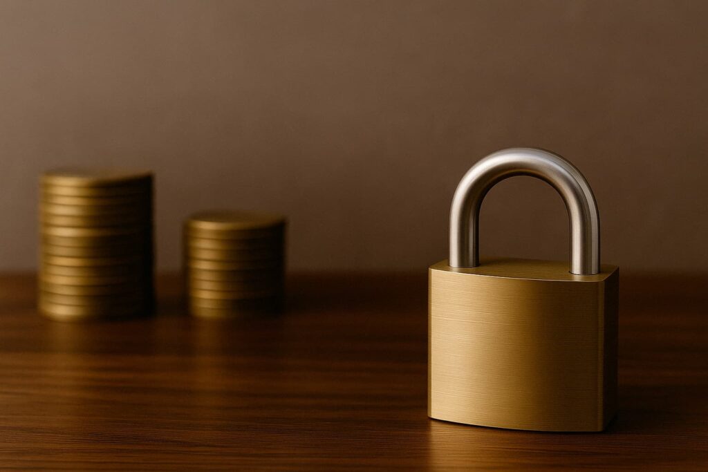 coins and padlocks on a desktop conveying securing assets through trusts