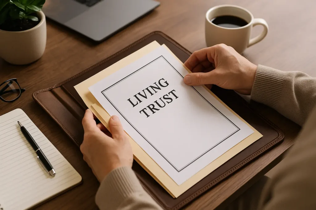 Person organizing a living trust document as part of estate planning