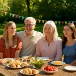 A happy blended family enjoying a summer meal at a picnic table