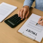 Close-up of a person calculating costs and signing a trust document, illustrating probate fees versus trust setup costs in Illinois estate planning.