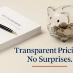 Trust document with pen on a desk with a glass piggy bank signifying pricing transparency