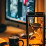 Close‑up of a golden hourglass in a black frame on a wooden desk beside a dark ceramic mug, with a blurred computer screen in the background.
